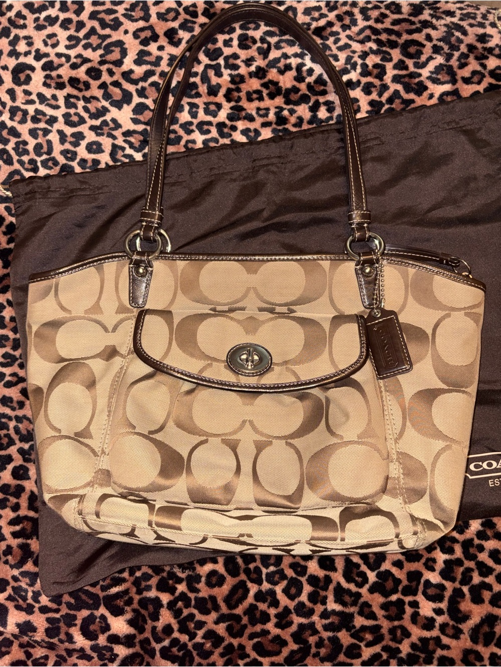 Coach Beige and Chocolate Signature Canvas Tote with Turn-Lock Pocket